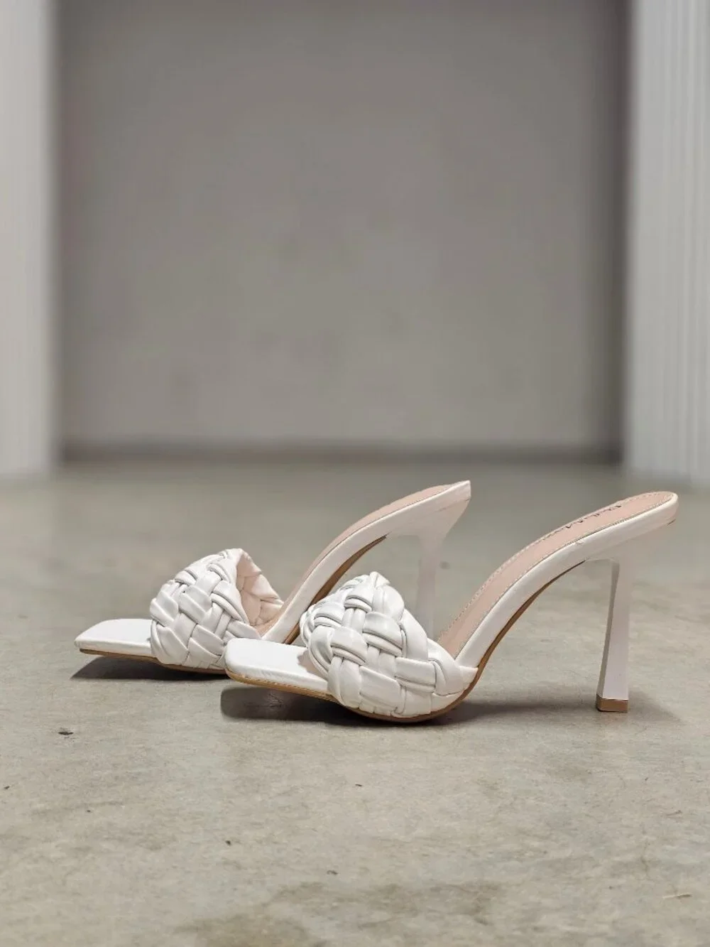 Braided White Heeled Mules With Square-Toe Design & Stiletto Heels